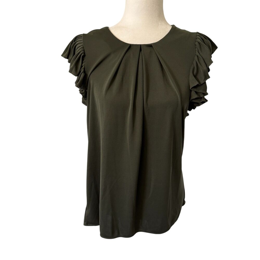 Ann Taylor | Dark Green Flutter Sleeve Blouse Size Small Keyhole Back
